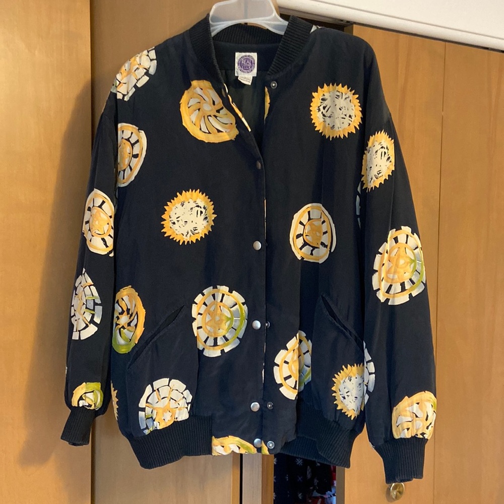 Vintage silk Saks Fifth Avenue Black and yellow bomber jacket, size large